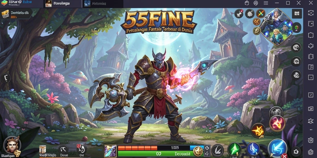 Screenshot utama 55FIVE menampilkan aksi seru dalam pertempuran RPG.