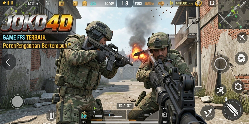 Tangkapan layar dari gameplay JOKO4D menampilkan aksi intens di medan perang FPS.