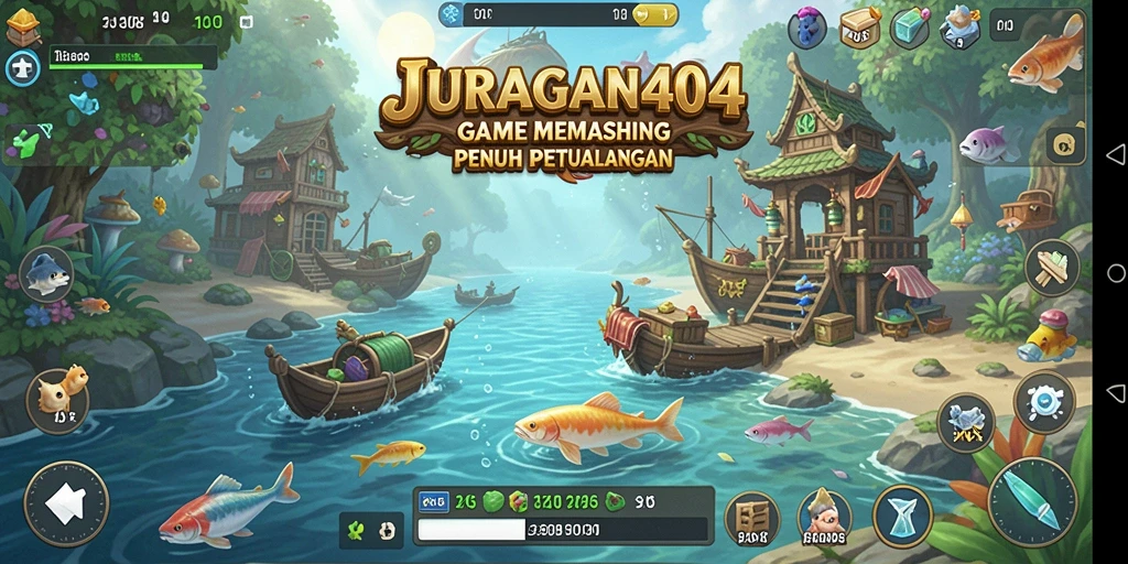 Tampilan gameplay seru dalam JURAGAN404 saat memancing ikan.