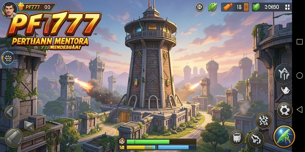 Tangkapan layar gameplay PF777 menampilkan pertahanan menara yang epik.