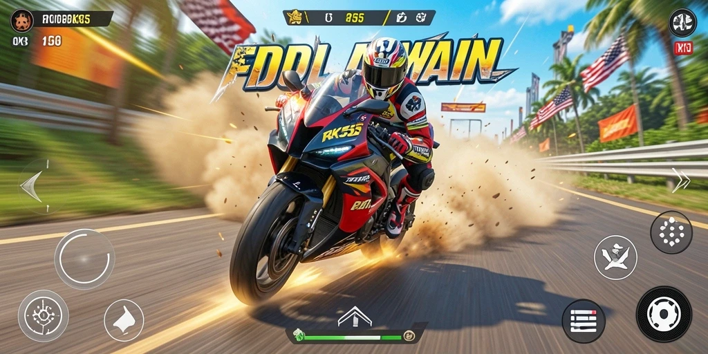 Gameplay RK55 yang mendebarkan dengan balapan motor.
