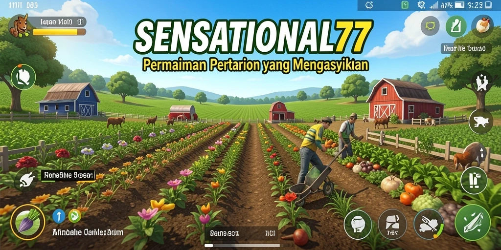 Tangkapan layar gameplay <strong>SENSATIONAL77</strong> yang menunjukkan ladang yang subur dan berwarna-warni.
