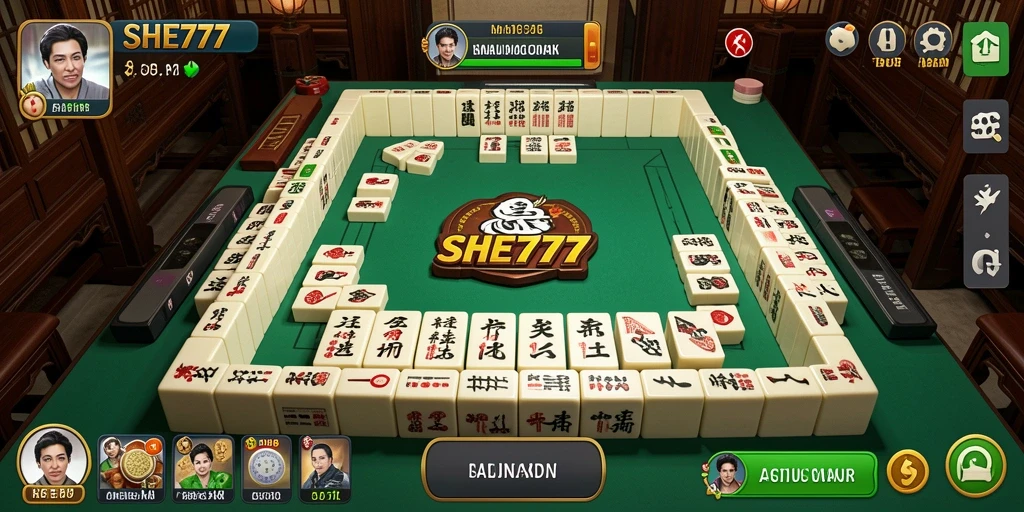 Screenshot gameplay SHE777 menampilkan suasana permainan Mahjong yang seru.